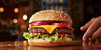 Cheeseburger on a wooden board under warm restaurant light