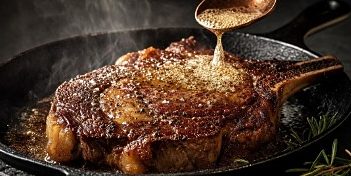 Seared steak in a cast-iron skillet being basted with butter